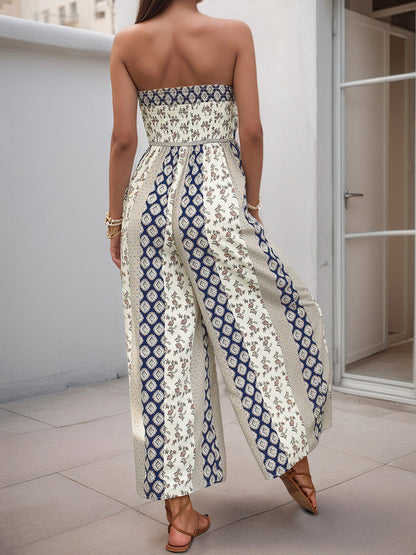 High Waisted Sleeveless Backless Contrast Color Pleated Printed Split-Joint Tied Twist Tube Jumpsuits