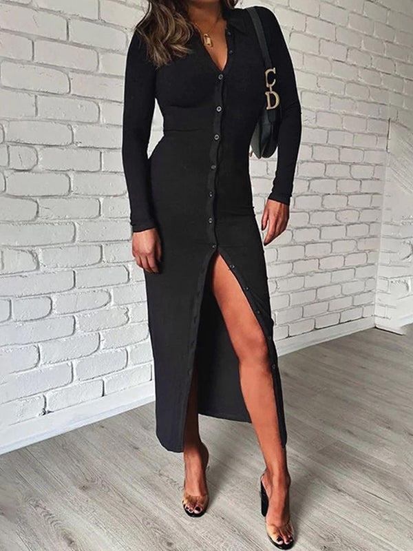 High Waisted Long Sleeves Buttoned Solid Color Lapel Midi Dresses