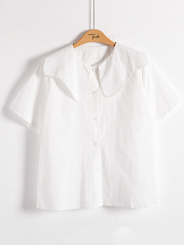 Loose Short Sleeves Solid Color Split-Joint Peter Pan Collar Blouses&Shirts Tops