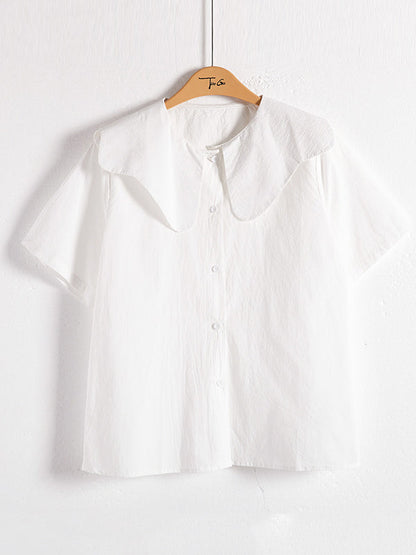 Loose Short Sleeves Solid Color Split-Joint Peter Pan Collar Blouses&Shirts Tops