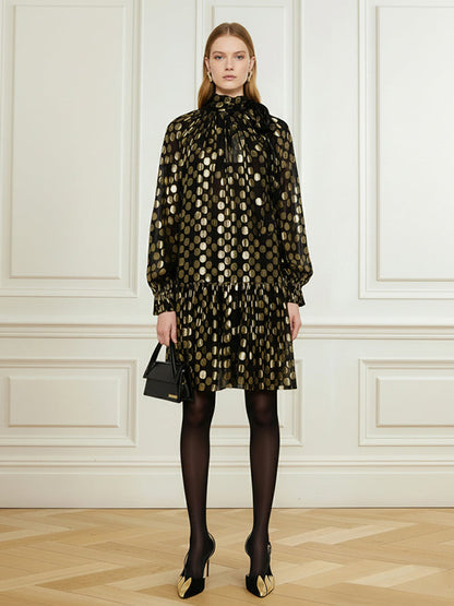 Long Sleeves Puff Sleeves Pleated Polka Dot Shiny Split-Joint High Neck Mini Dresses