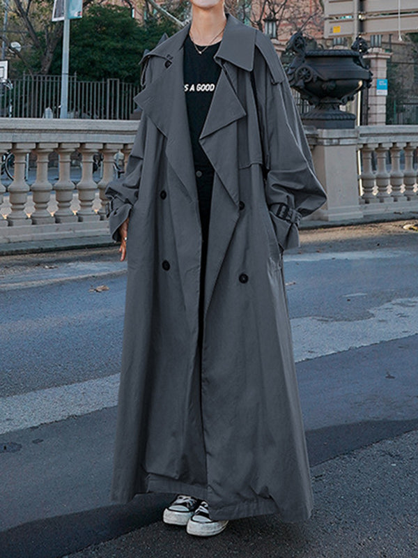 Long Sleeves Loose Buckle Buttoned Split-Back Tied Waist Lapel Outerwear Trench Coats