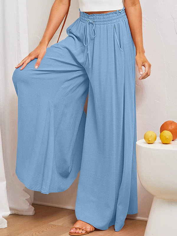 High Waisted Loose Drawstring Elasticity Pockets Solid Color Pants Trousers