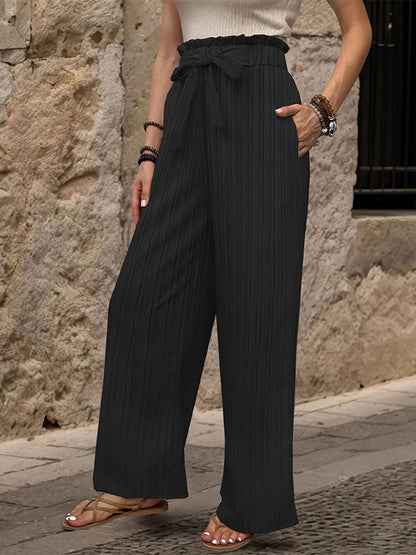 High Waisted Loose Elasticity Pleated Solid Color Tied Waist Pants Trousers