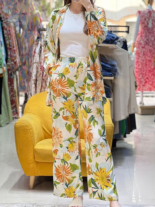 Long Sleeves Buttoned Flower Print Lapel Shirts Top +High Waisted Pants Bottom Two Pieces Set