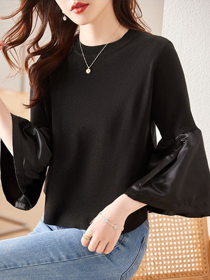 Flared Sleeves Long Sleeves Pleated Split-Joint Round-neck T-Shirts Tops