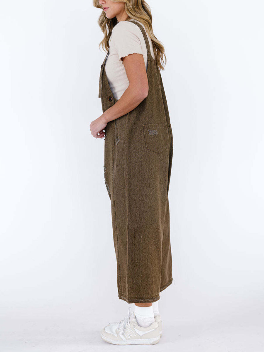 Cropped Wide Leg Buttoned Pockets Solid Color Adjustable Straps Overalls
