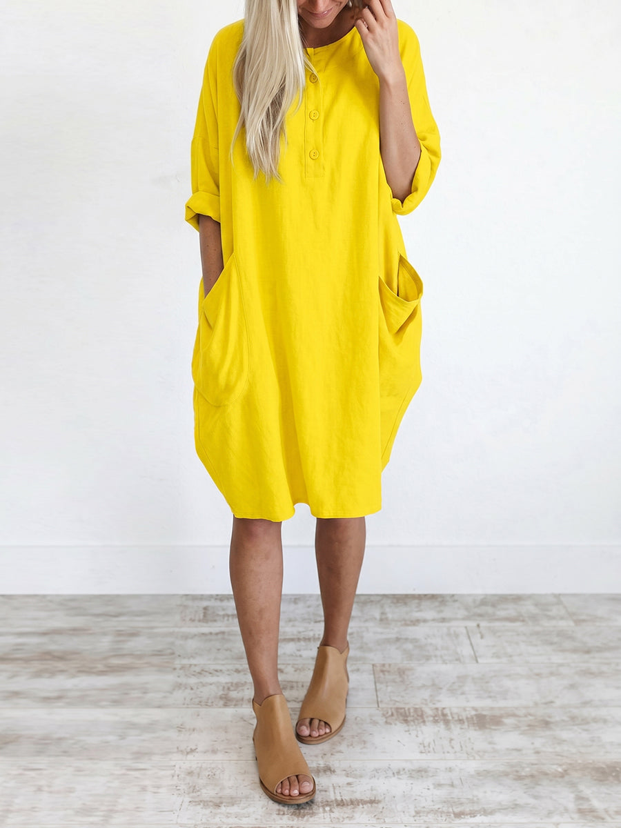 Long Sleeves Loose Pockets Solid Color Round-Neck Mini Dresses