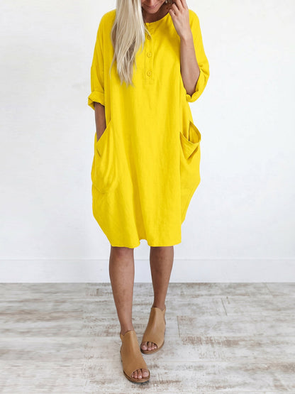 Long Sleeves Loose Pockets Solid Color Round-Neck Mini Dresses