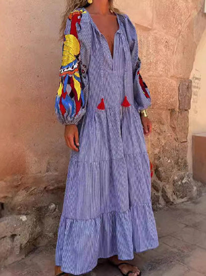 A-Line Long Sleeves Contrast Color Drawstring Pleated Printed Split-Joint V-Neck Maxi Dresses