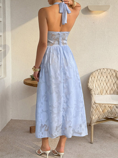 A-Line High Waisted Backless Pleated Solid Color Split-Side Halter-Neck Maxi Dresses