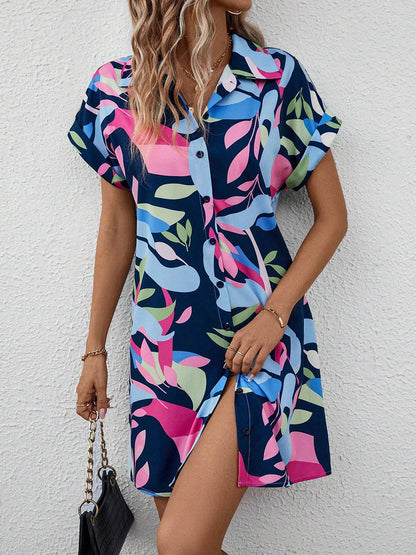 Short Sleeves Buttoned Contrast Color Printed Lapel Mini Dresses Shirt Dress