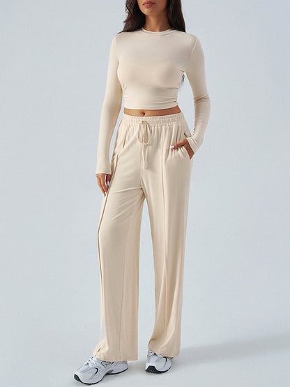 Long Sleeves Loose Solid Color Round-Neck T-Shirt Top + Drawstring Elasticity Pockets Pants Bottom Two Pieces Set