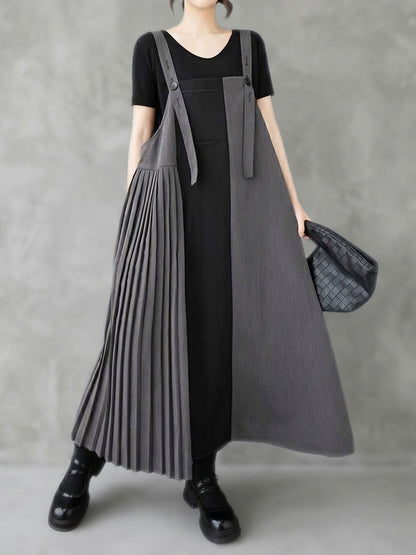 A-Line Loose Asymmetric Buttoned Contrast Color Pleated Pockets Split-Joint Adjustable Straps Midi Dresses