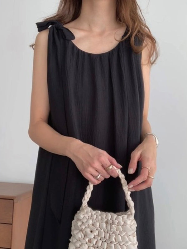 High Waisted Loose Pleated Solid Color Tied Round-Neck Maxi Dresses