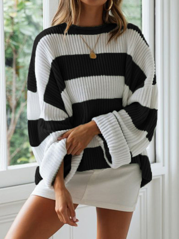 Long Sleeves Loose Contrast Color Striped Round-Neck Pullovers Sweater Tops