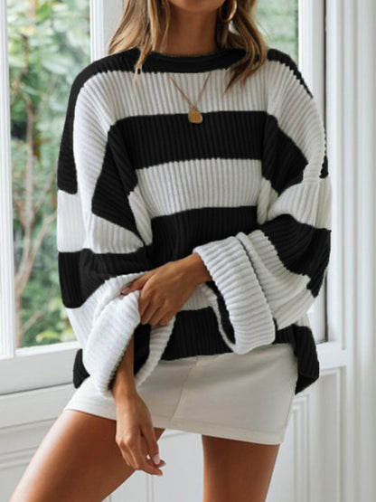 Long Sleeves Loose Contrast Color Striped Round-Neck Pullovers Sweater Tops