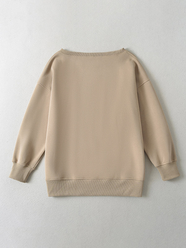 Long Sleeves Loose Solid Color Split-Joint Round-Neck Sweatshirt Tops