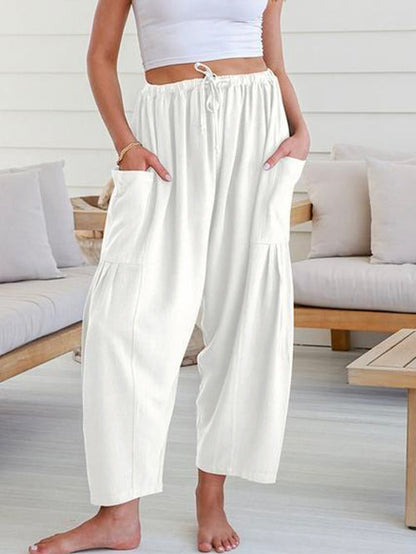 Column Loose Elasticity Pockets Solid Color Casual Pants Bottoms Trousers