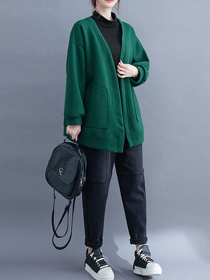 Long Sleeves Loose Pockets Solid Color Collarless Outerwear