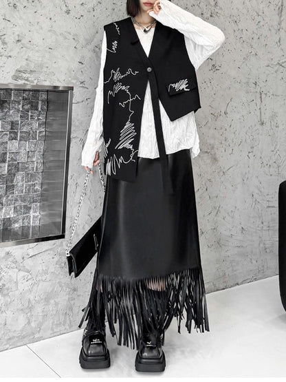 Sleeveless Asymmetric Buttoned Embroidered V-Neck Vest Top