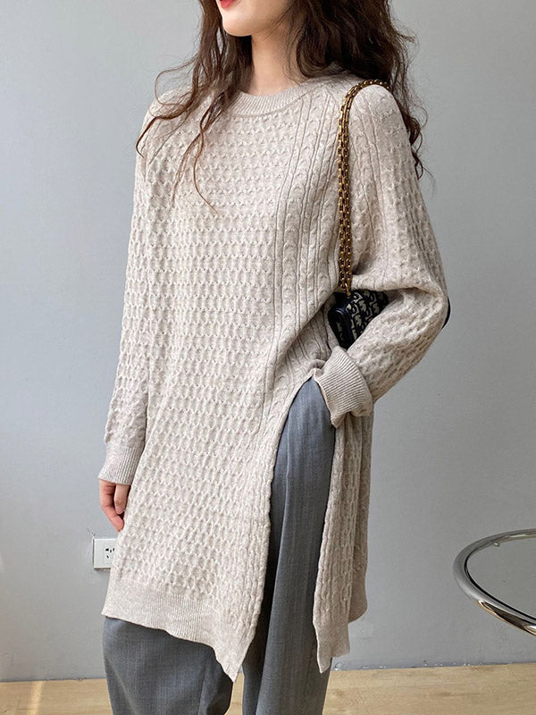 Original Irregular 5 Colors Split-Side Round-Neck Long Sleeves Sweater Top