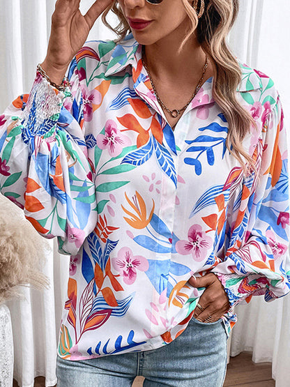 Batwing Sleeves Long Sleeves Elasticity Flower Print Leaves Print Pleated Lapel Blouses&Shirts Tops