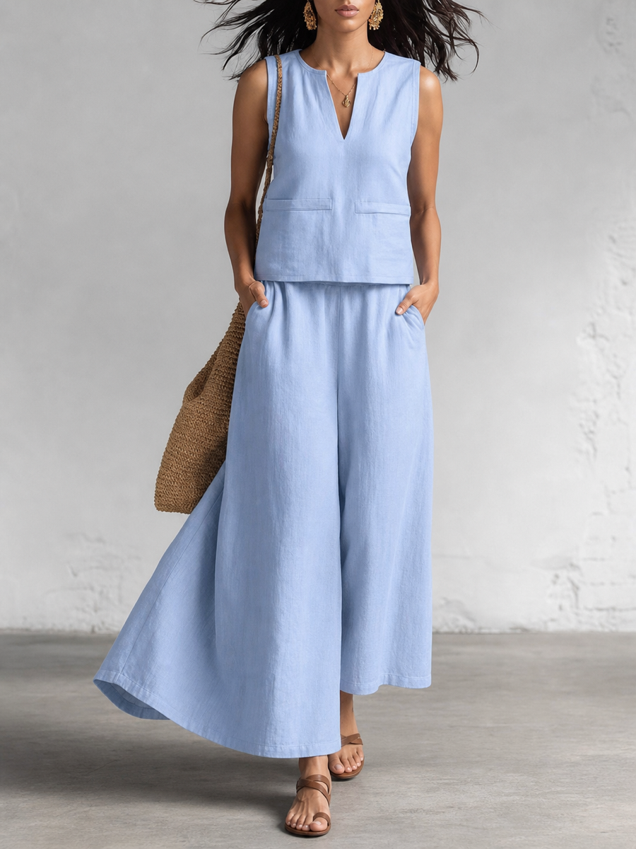 Loose Solid Color V-neck Tank Top + High Waisted Pockets Bottoms Skirts Two Pieces Set