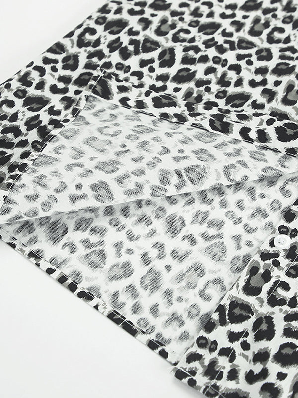 Loose Puff Sleeves Leopard Split-Joint Peter Pan Collar Blouses&Shirts Tops