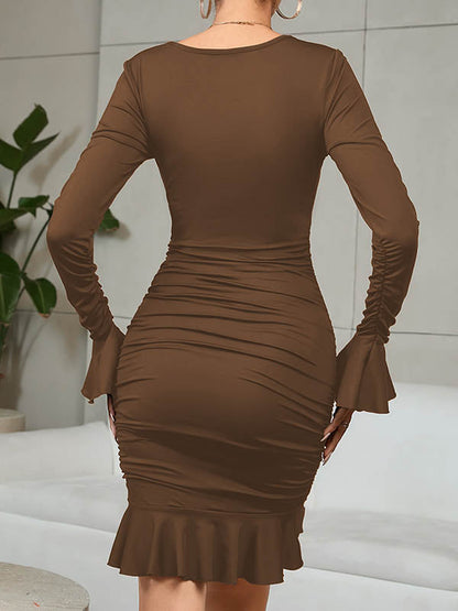 Bodycon Elasticated Waist Pleated Ruffled Solid Color Split-Joint V-Neck Midi Dresses