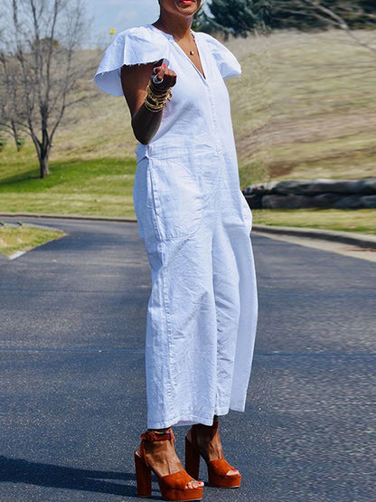 Loose Ruffle Sleeves Fringed Pleated Pockets Solid Color V-Neck Jumpsuits