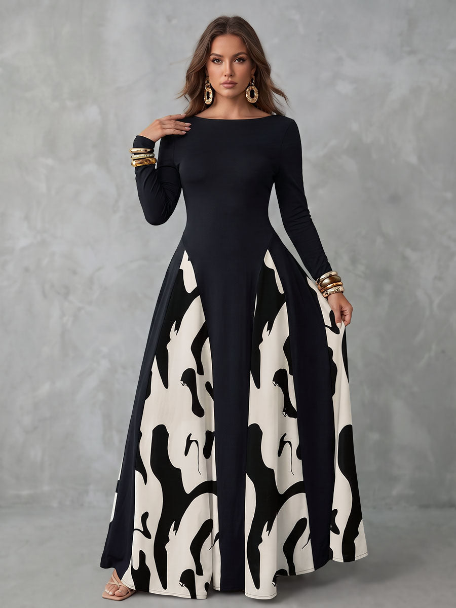 Split-Joint Printed Contrast Color Long Sleeves High Waisted Round-neck Maxi Dresses