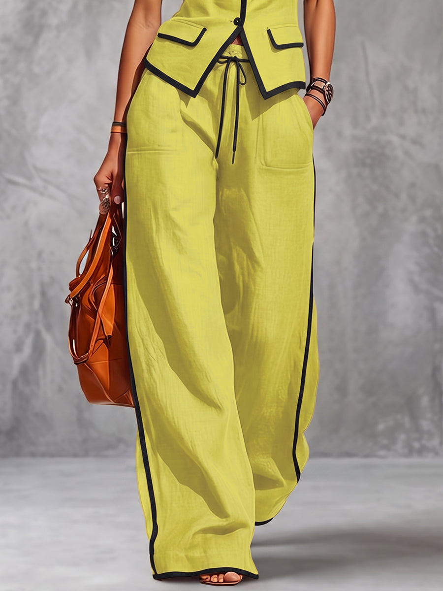 High Waisted Wide Leg Contrast Color Drawstring Pockets Pants Trousers