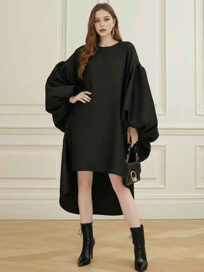 Batwing Sleeves High-Low Pleated Solid Color Split-Joint Round-Neck Midi Dresses