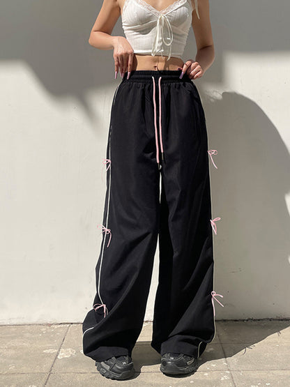 Loose Wide Leg Bowknot Drawstring Elasticity Split-Joint Pants Trousers