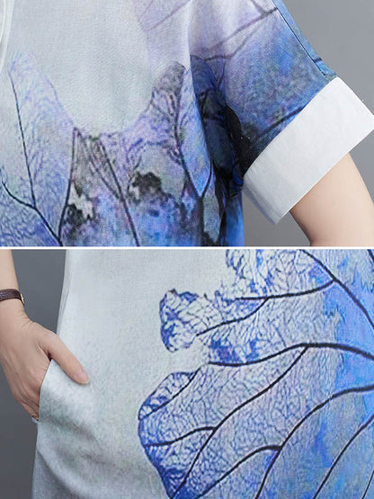 Loose Short Sleeves Buttoned Floral Printed Lapel Collar Midi Dresses Shirt Dress