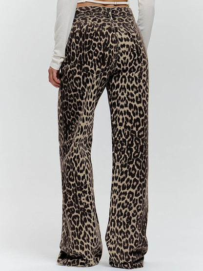 Loose Buttoned Leopard Pockets Split-Joint Pants Trousers