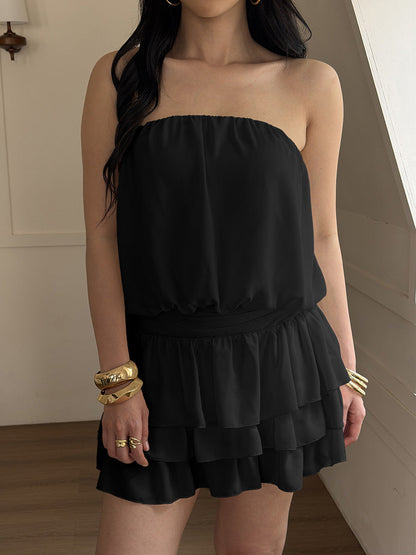 Sleeveless Elasticity Pleated Ruffled Solid Color Split-Joint Tube Mini Dresses