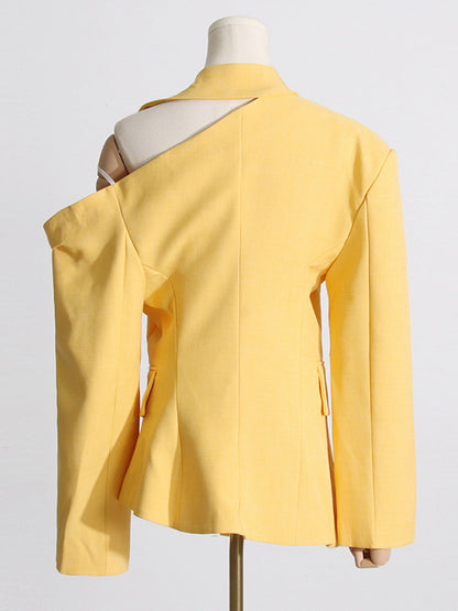 Long Sleeves Loose Asymmetric Buttoned Hollow Solid Color Tied Asymmetric Collar Blazer