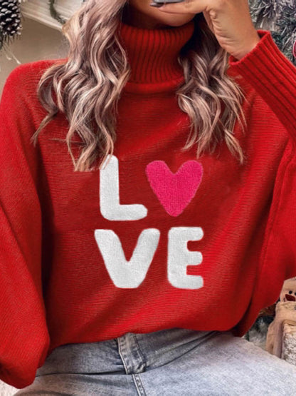 Long Sleeves Loose Contrast Color Printed Split-Joint High Neck Sweater Tops