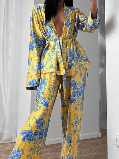 Loose Printed Split-Joint Deep V-Neck Lace-Up Blouse + Drawstring Elasticity Pants Trousers Two Pieces Set