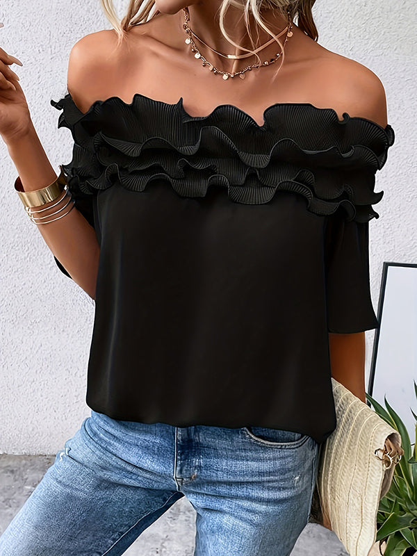 Loose Short Sleeves Pleated Solid Color Split-Joint Tiered Off-The-Shoulder T-Shirts Tops