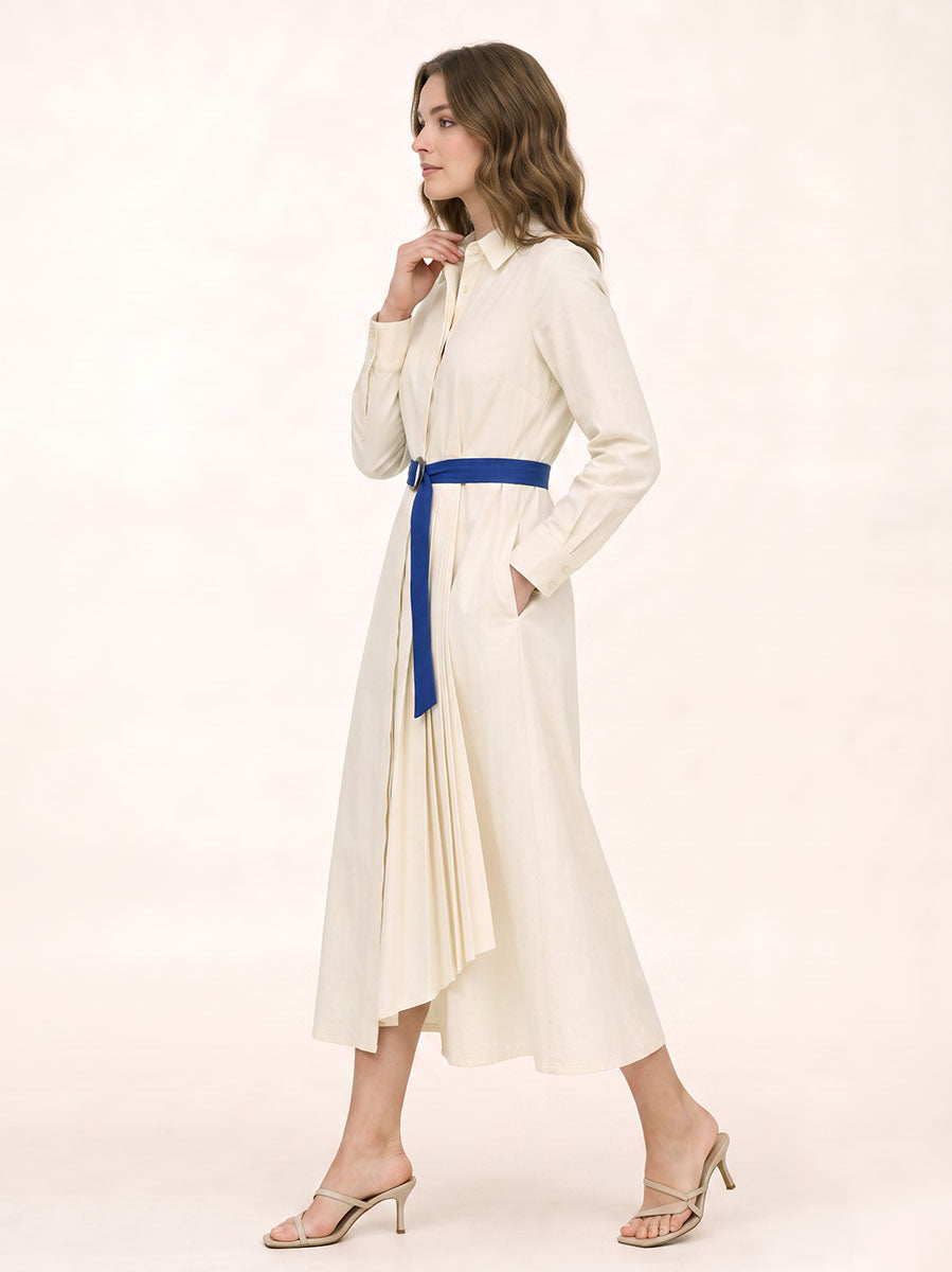 Solid Color Pockets Pleated Buttoned Belted Asymmetric Long Sleeves Lapel Shirt Dress Midi Dresses