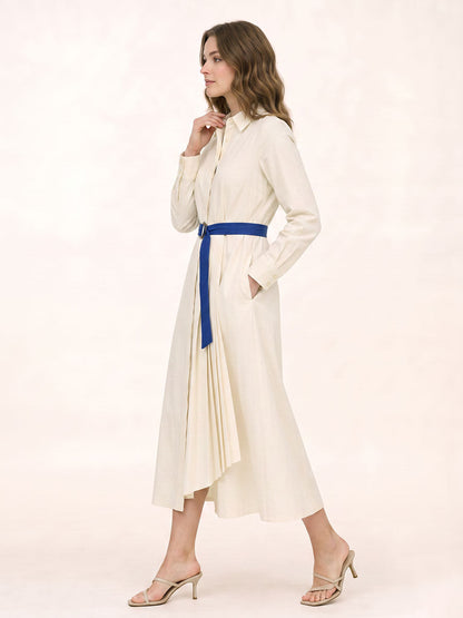 Solid Color Pockets Pleated Buttoned Belted Asymmetric Long Sleeves Lapel Shirt Dress Midi Dresses