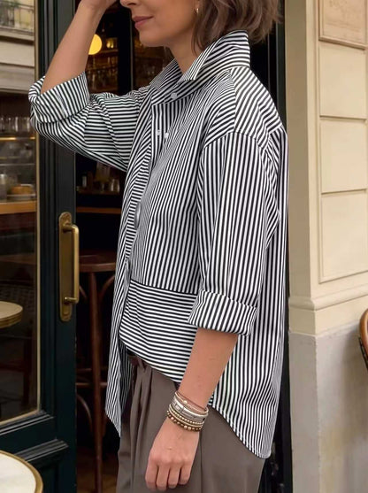 Striped Split-Joint Contrast Color Buttoned Loose Long Sleeves Lapel Blouses&shirts Tops
