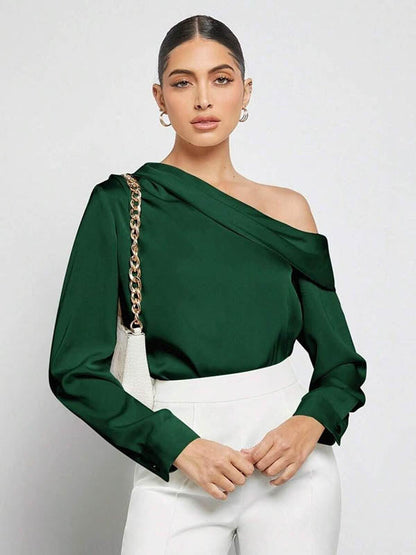 Long Sleeves Skinny Pleated Solid Color Split-Joint One-Shoulder Blouses&Shirts Tops