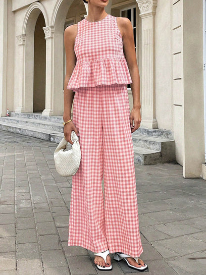 A-Line Loose Plaid Pleated Split-Joint Round-Neck Vest Top + Pants Bottom Suits