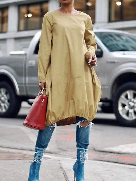 Long Sleeves Solid Color Round-Neck Midi Dresses