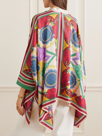 Batwing Sleeves High-low Buttoned Flower Print Stand Collar Blouses&shirts Tops