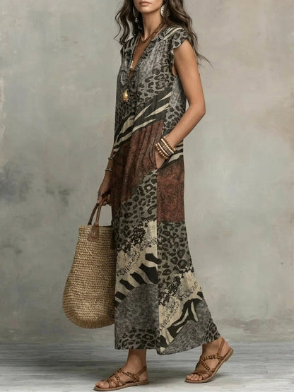 Loose Sleeveless Pockets Printed Ruffled V-Neck Maxi Dresses